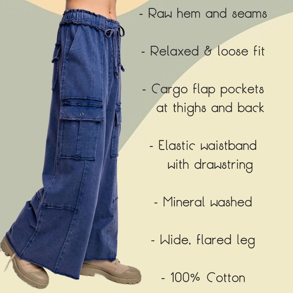 EASEL “Feeling Good Cargos” Mineral Washed Flared Leg, Raw Seams & Hems, Pockets - Picture 2 of 16